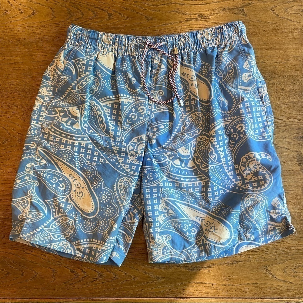 Peter Millar Blue and White Paisley Swim Trunks